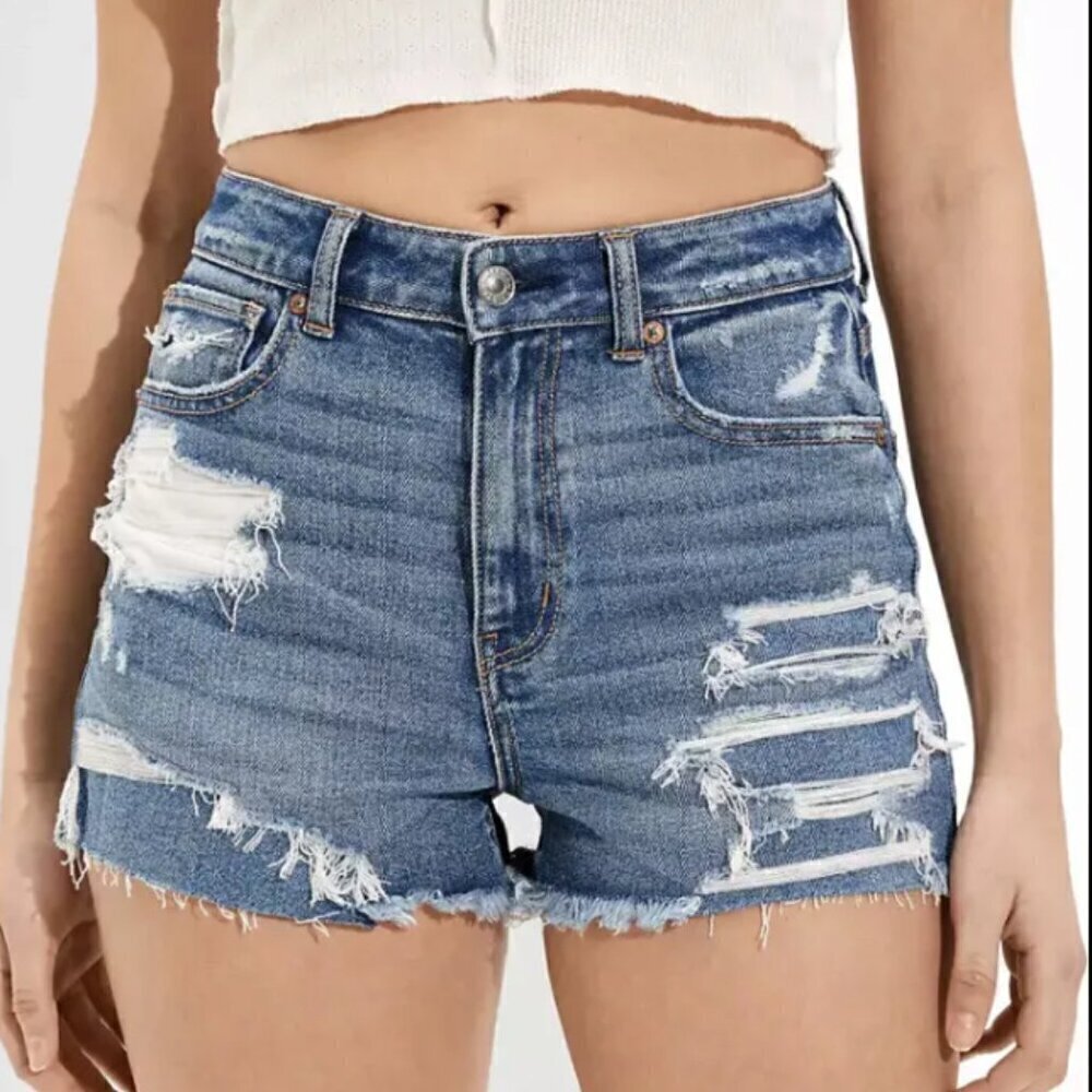AE HI Rise Ripped Denim Mom Short 2 raw hem destructed
